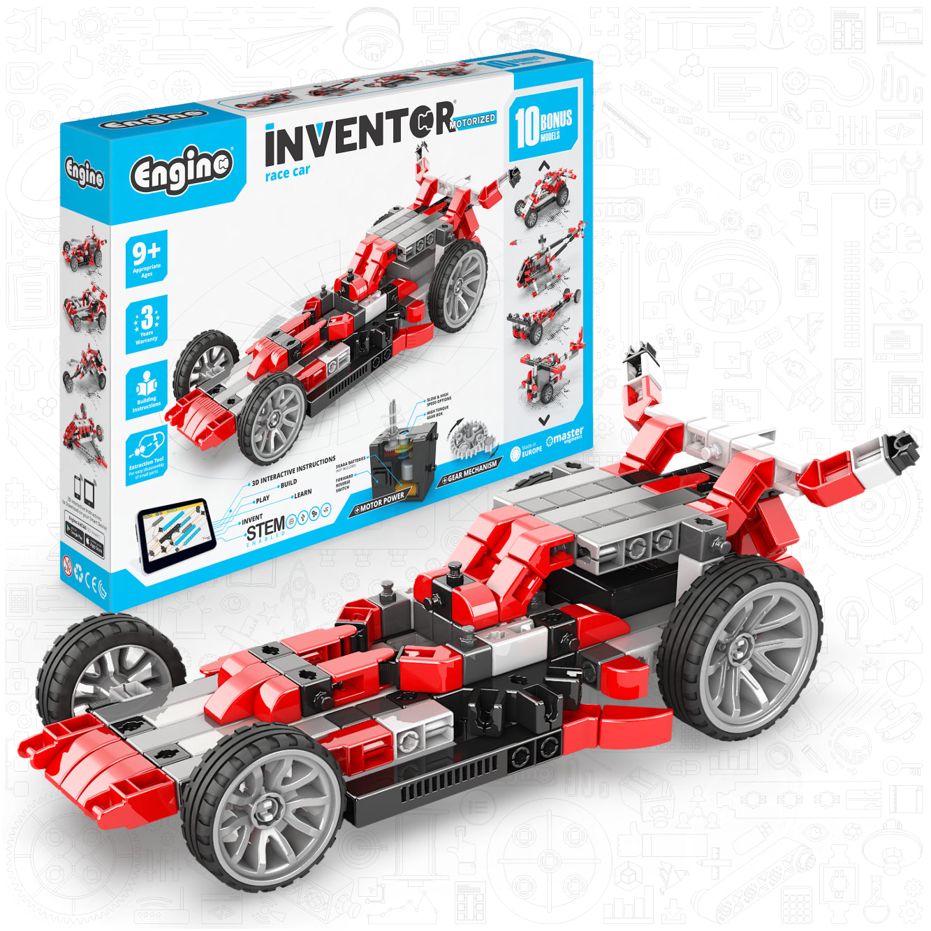 Engino Inventor Race Car Motorized Set – Engineering STEM Toys for Kids Ages 9+ (10 Models to Build)