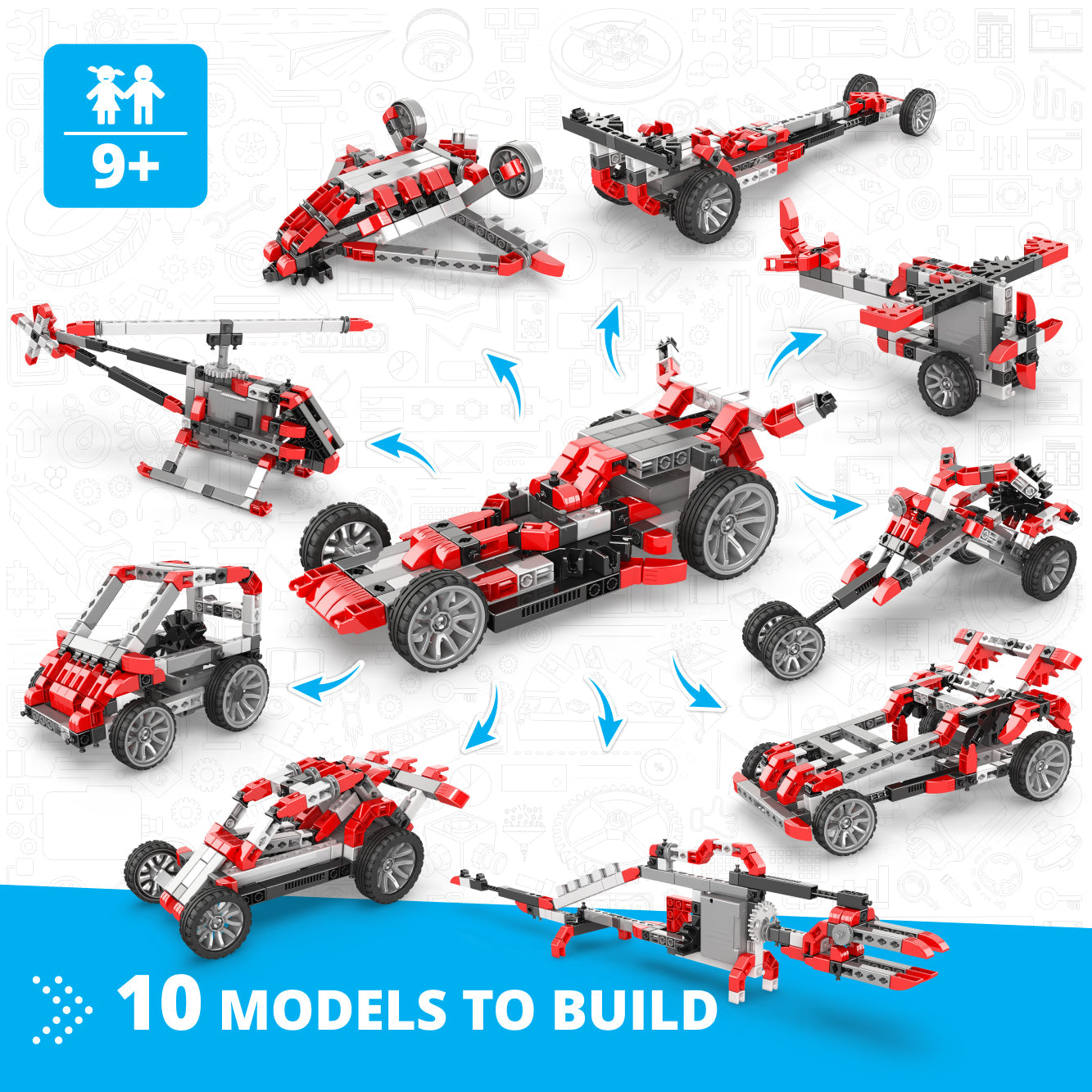Engino Inventor Race Car Motorized Set – Engineering STEM Toys for Kids Ages 9+ (10 Models to Build)