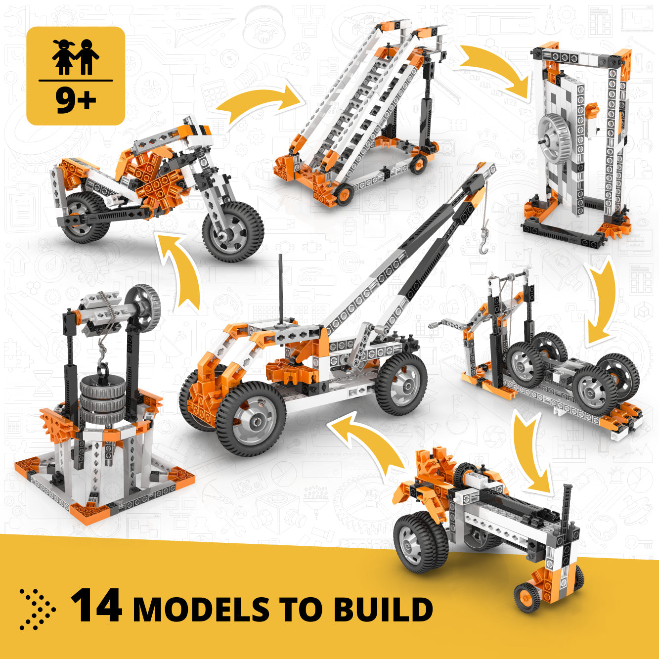 Engino Discovering STEM Mechanics: Wheels, Axles & Inclined Planes Set – Construction Toys for Kids Ages 9+ (14 Models to Build)