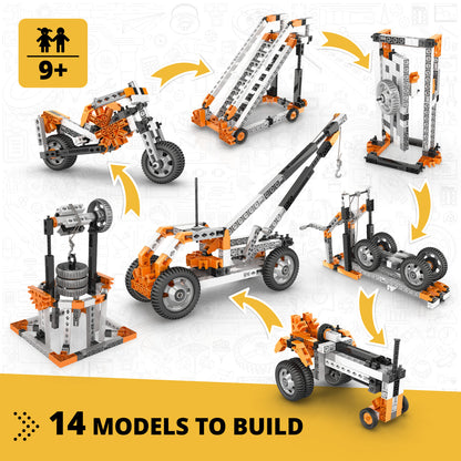 Engino Discovering STEM Mechanics: Wheels, Axles & Inclined Planes Set – Construction Toys for Kids Ages 9+ (14 Models to Build)