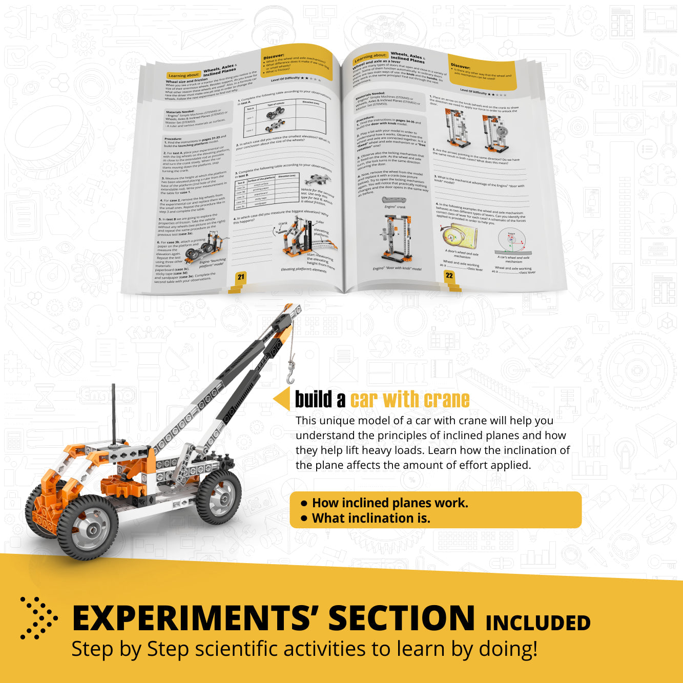 Engino Discovering STEM Mechanics: Wheels, Axles & Inclined Planes Set – Construction Toys for Kids Ages 9+ (14 Models to Build)